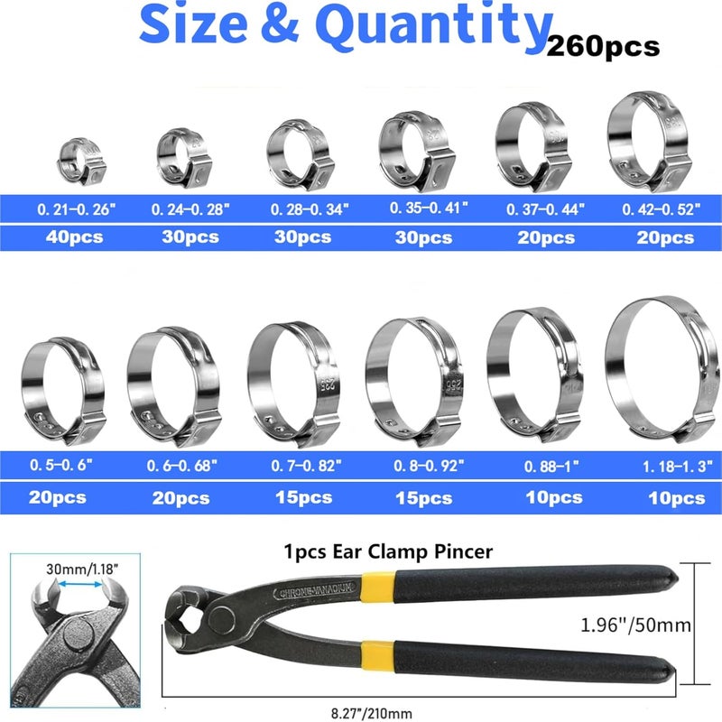 LAZIRO 260 PCS 12 Sizes Single Ear Hose Clamps, 5.3-33.1mm 304 Stainless Steel Crimp Hose Clamp Assortment Kit with Ear Clamp Pincer, Cinch Rings Crimp Pinch Tools for Securing Pipe Hoses Automotive Use - Image 2